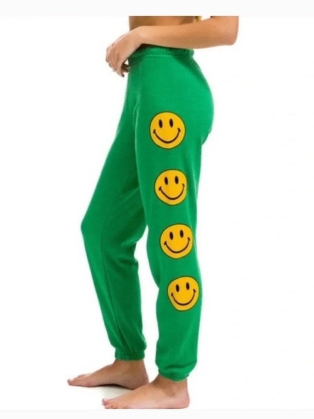 Aviator Nation Green Joggers with Yellow Smiley Stripe S